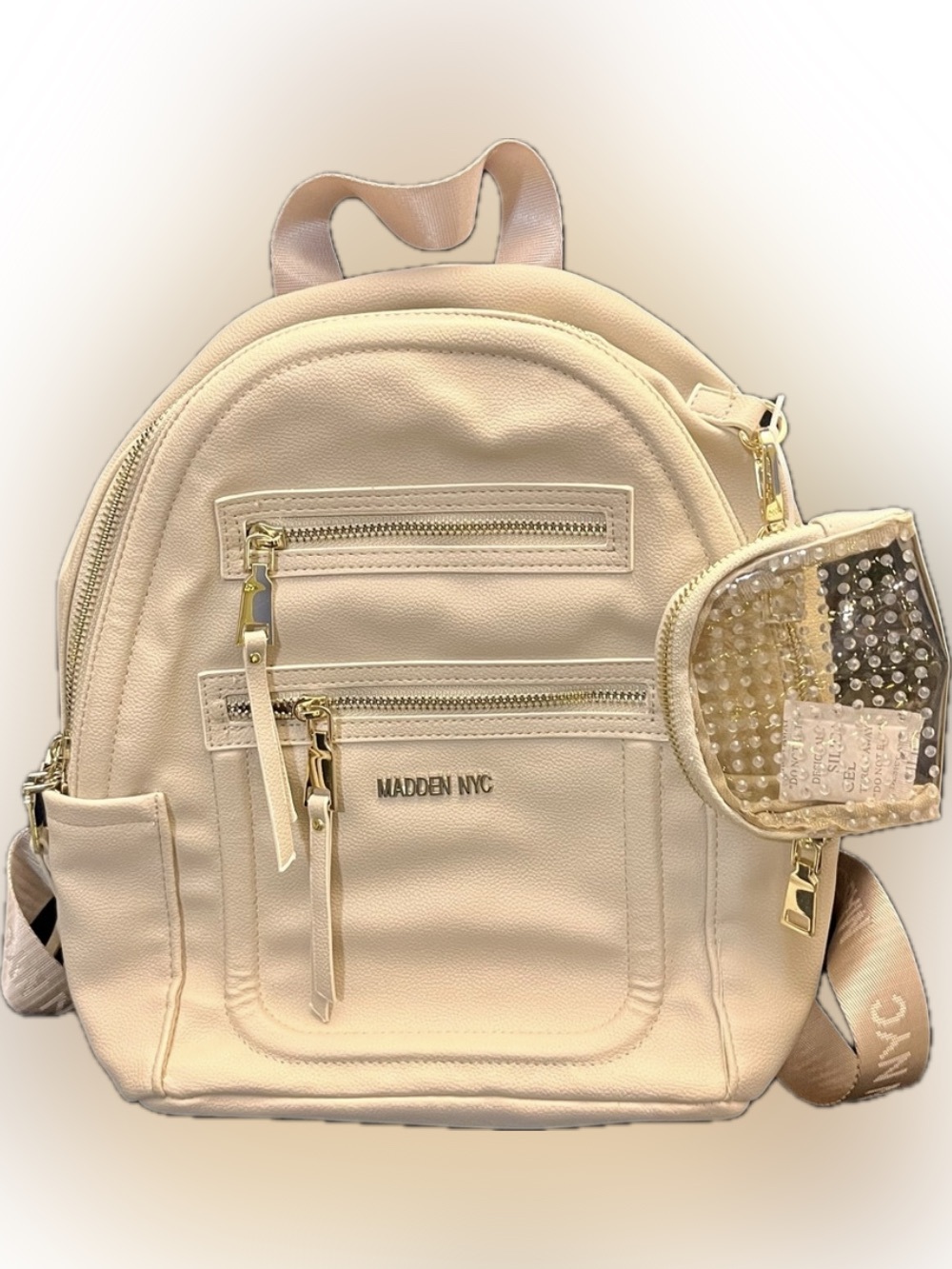 Madden NYC Cream Mini Backpack Purse w/ Coin Pouch Gold Hardware Faux Leather
